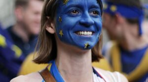 A Remain supporter wearing face paint and European flags