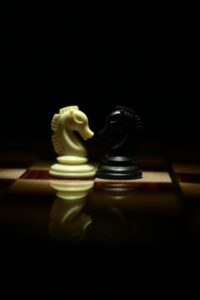 two-white-and-black-chess-knights-facing-each-other-on-chess-839428